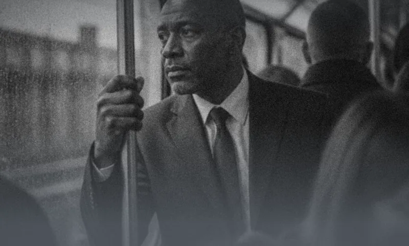 A man in a suit standing on a crowded train