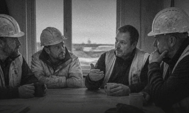 Builders in hard hats talking round a table