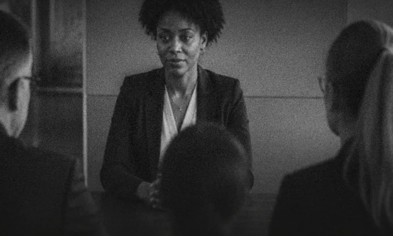 A woman facing an interview panel